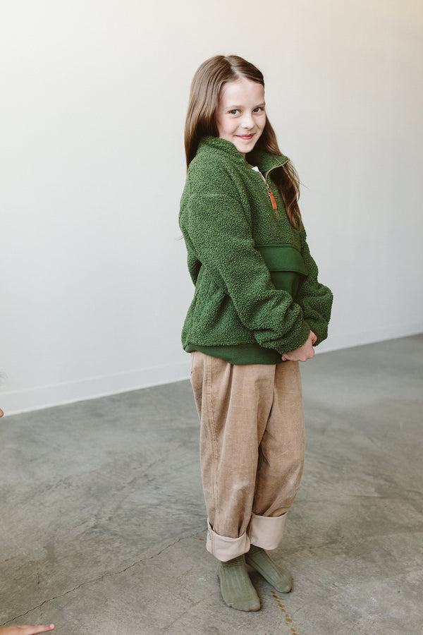 BIG KID SHERPA ZIP PULLOVER | SPRUCE