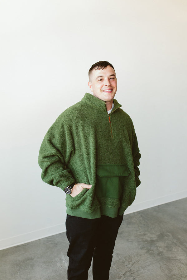 ADULT SHERPA ZIP PULLOVER | SPRUCE