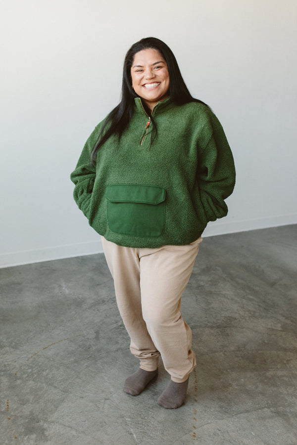 ADULT SHERPA ZIP PULLOVER | SPRUCE