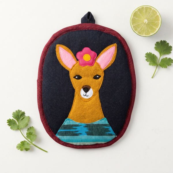 Granizo the Deer Potholder, a handwoven cotton potholder from the Frida Garden Kitchen Collection