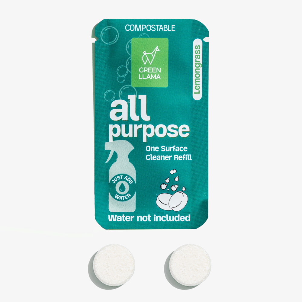Green Llama all purpose cleaner refill packet with two white tablets on a white background