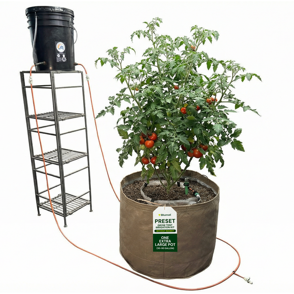 Blumat preset grow tent irrigation kit for one large pot with BluSoak 2.0 drip tape and 5-gallon reservoir