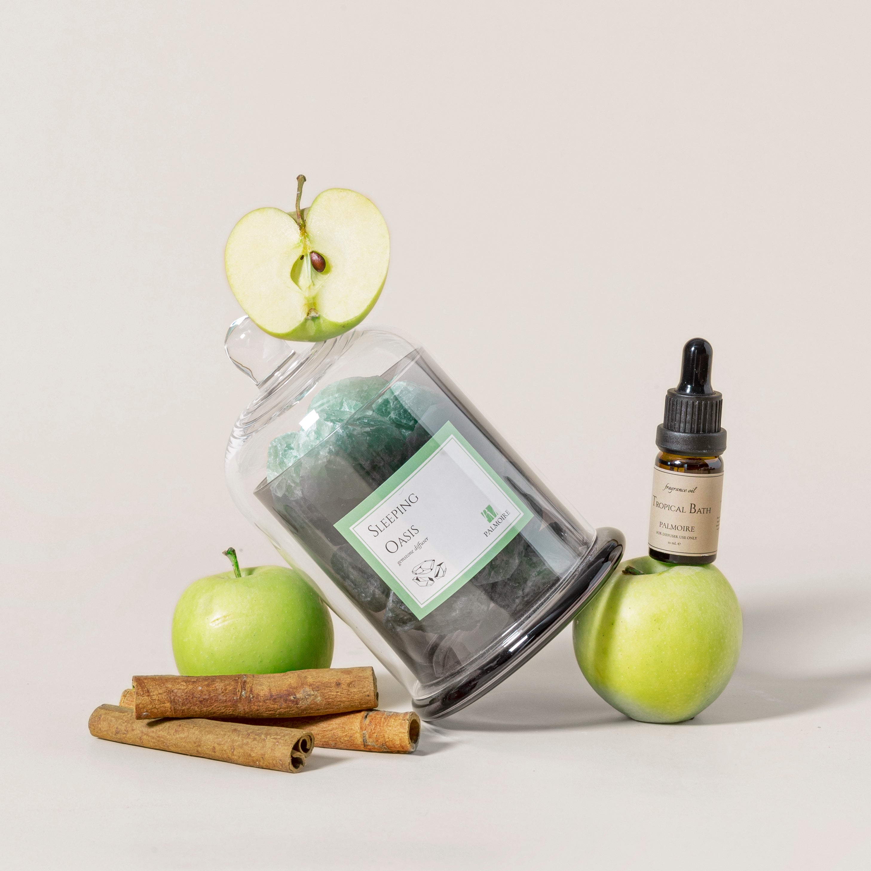 Jar of green tea, apple, cinnamon sticks, and bottle with dropper on a light background