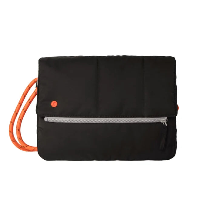 Black clutch bag with orange strap and gray zipper on a white background