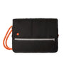 Black clutch bag with orange strap and gray zipper on a white background