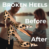 Pair of leopard print high heels with 'Before' and 'After' text on a blurred background