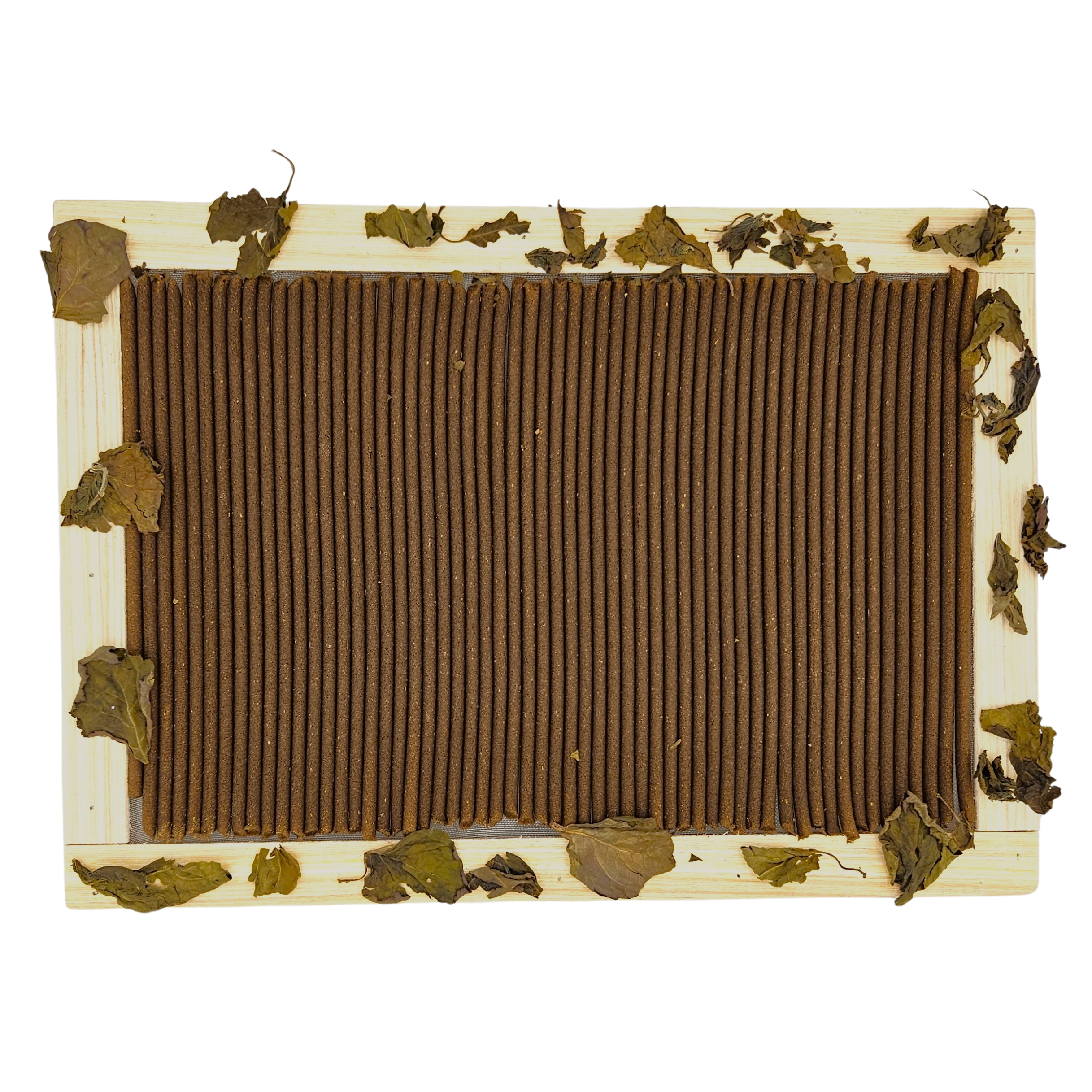 Rectangular brown mat with leaf decorations on a white background