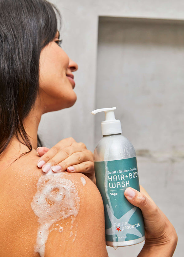 Rich lather from Plaine Products 2-in-1 Hair and Body Wash in the shower