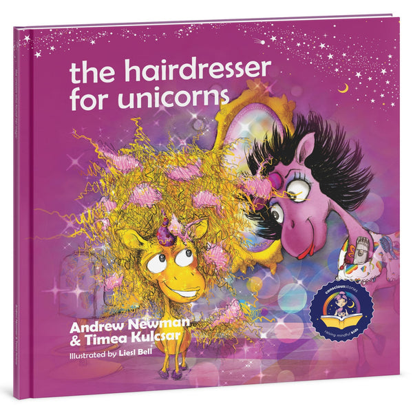 The Hairdresser for Unicorns children's book 3D cover by Conscious Stories