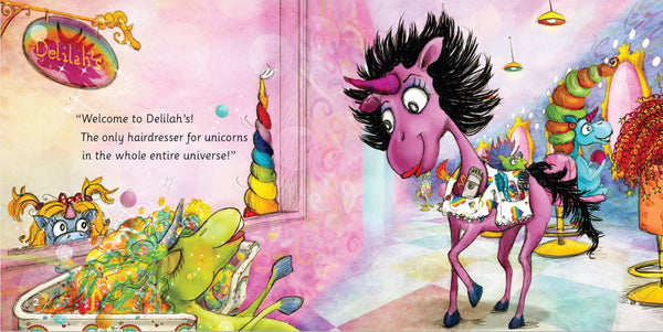 Interior pages of The Hairdresser for Unicorns children's picture book showing Sparkle the unicorn