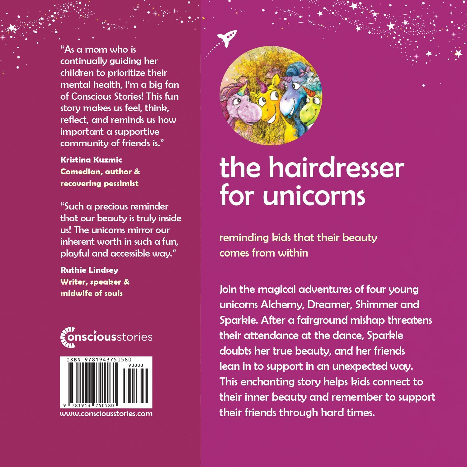 Back cover of The Hairdresser for Unicorns illustrated kids' book about inner beauty