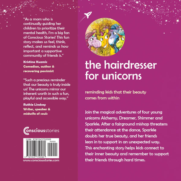 Back cover of The Hairdresser for Unicorns illustrated kids' book about inner beauty