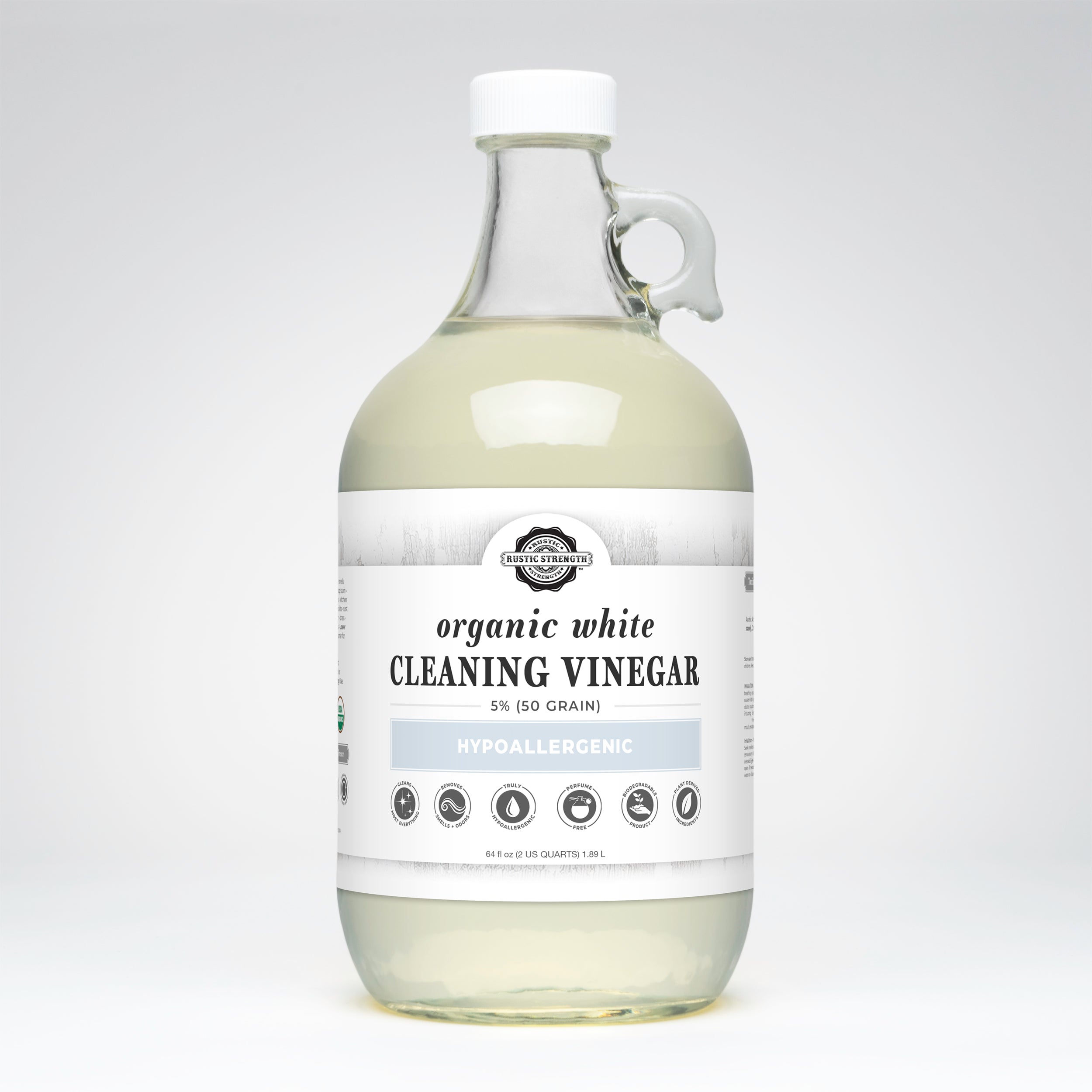 Half gallon glass jug of Rustic Strength Organic White Cleaning Vinegar 50 Grain