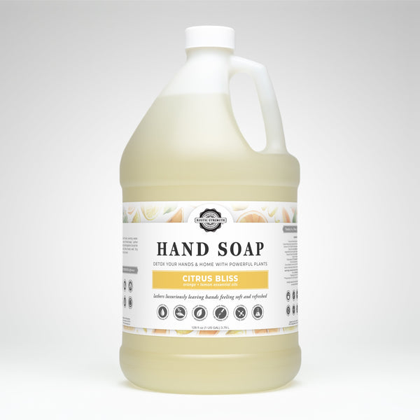 Gallon jug of hand soap labeled 'Citrus Bliss' on a white background
