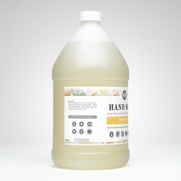 Large bottle of hand soap with a label on a white background