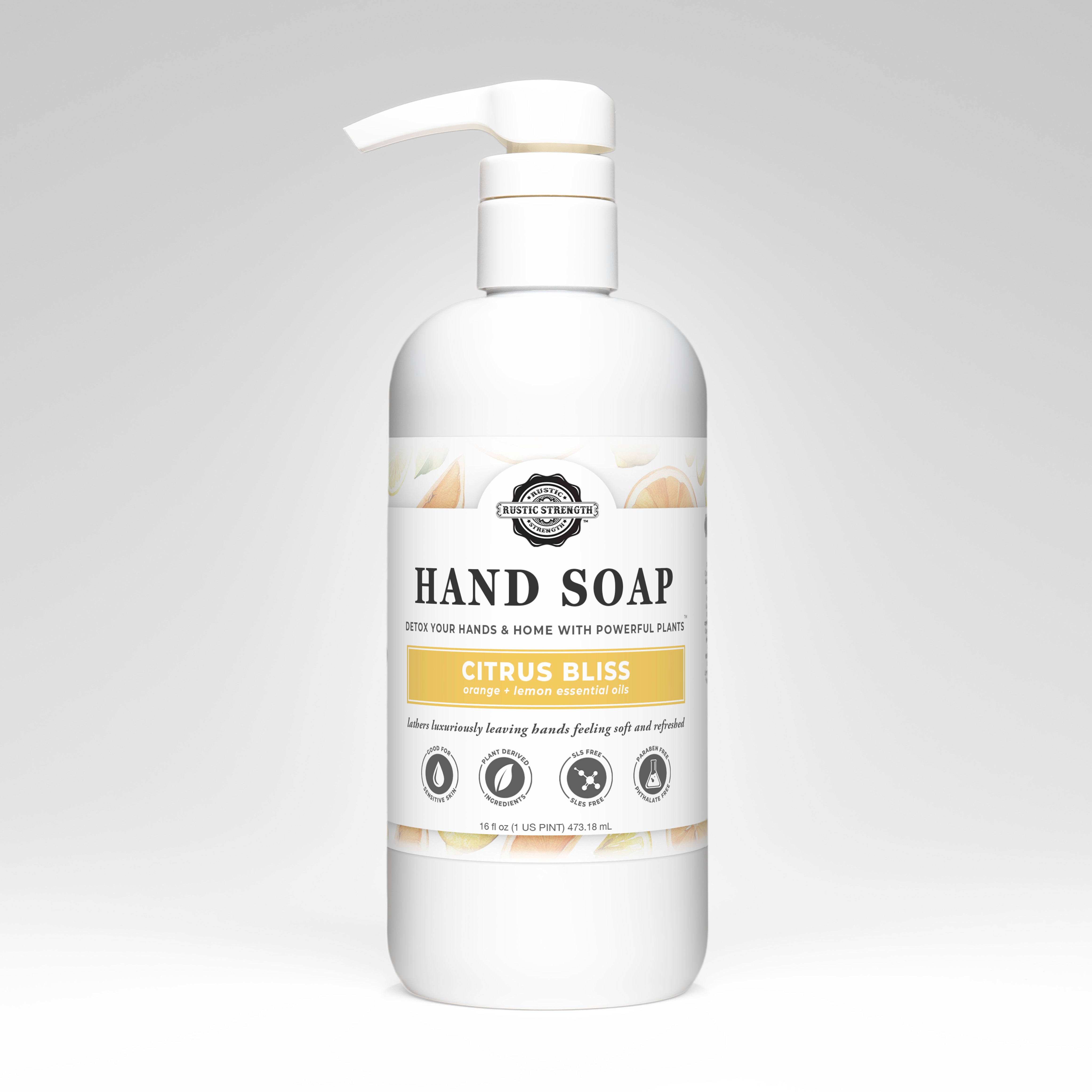 Rustic Strength Citrus Bliss Natural Liquid Hand Soap 16oz bottle with lemon and orange essential oils