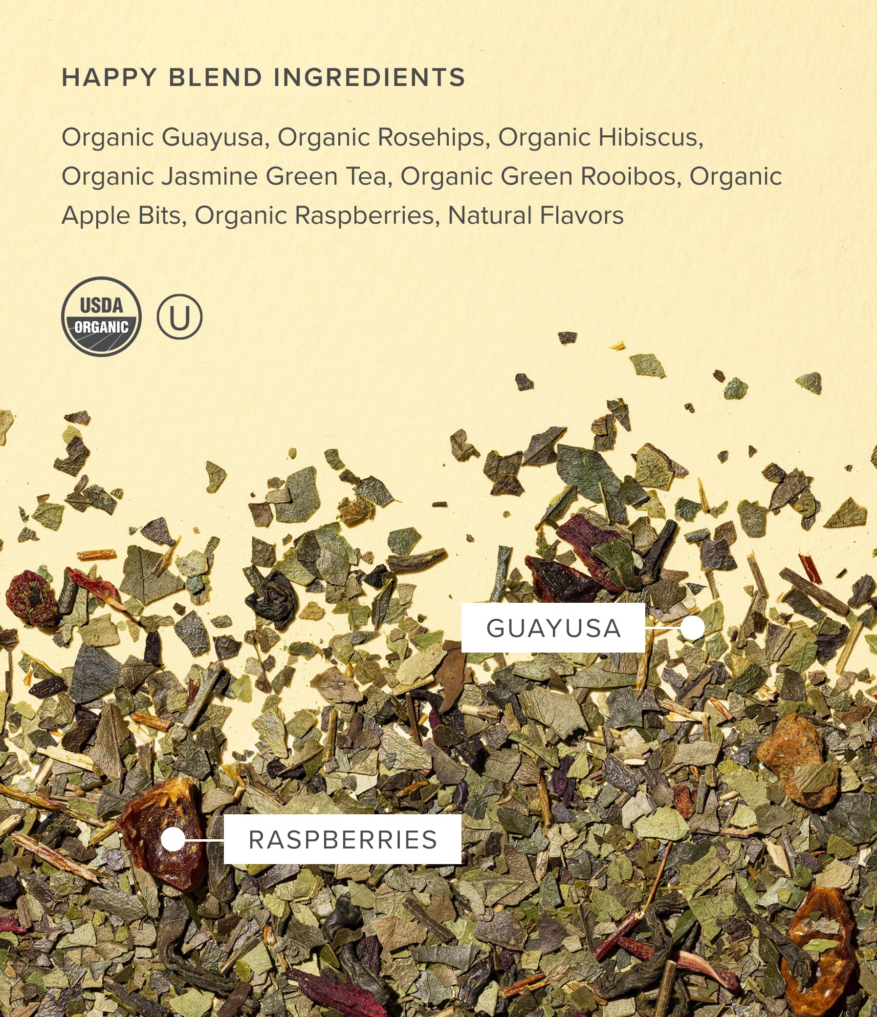 Art of Tea Happy Tea loose leaf ingredients including organic guayusa, raspberries, and hibiscus on a beige background