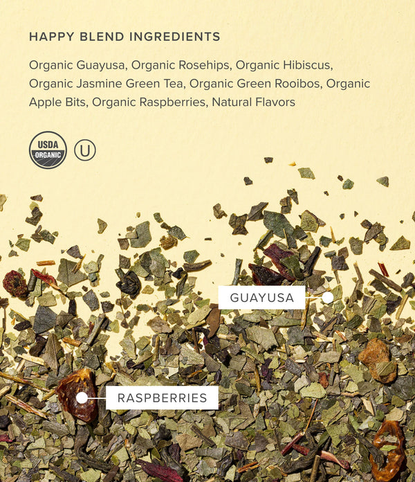 Art of Tea Happy Tea loose leaf ingredients including organic guayusa, raspberries, and hibiscus on a beige background