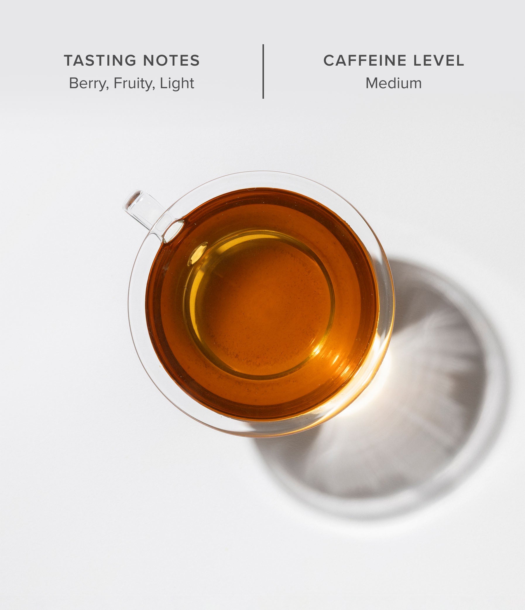 Brewed cup of Art of Tea Happy Tea showing tasting notes — berry, fruity, and light with medium caffeine