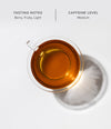 Brewed cup of Art of Tea Happy Tea showing tasting notes — berry, fruity, and light with medium caffeine