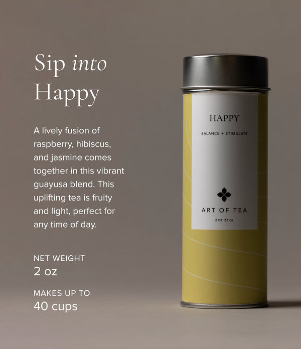 Art of Tea Happy Tea tin canister with label showing the raspberry hibiscus guayusa blend
