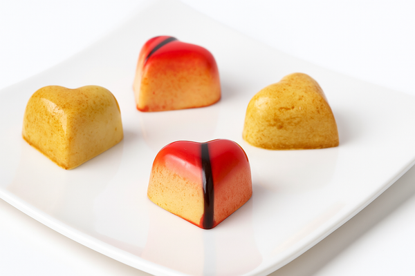Heart-shaped candies with red and black accents on a white plate