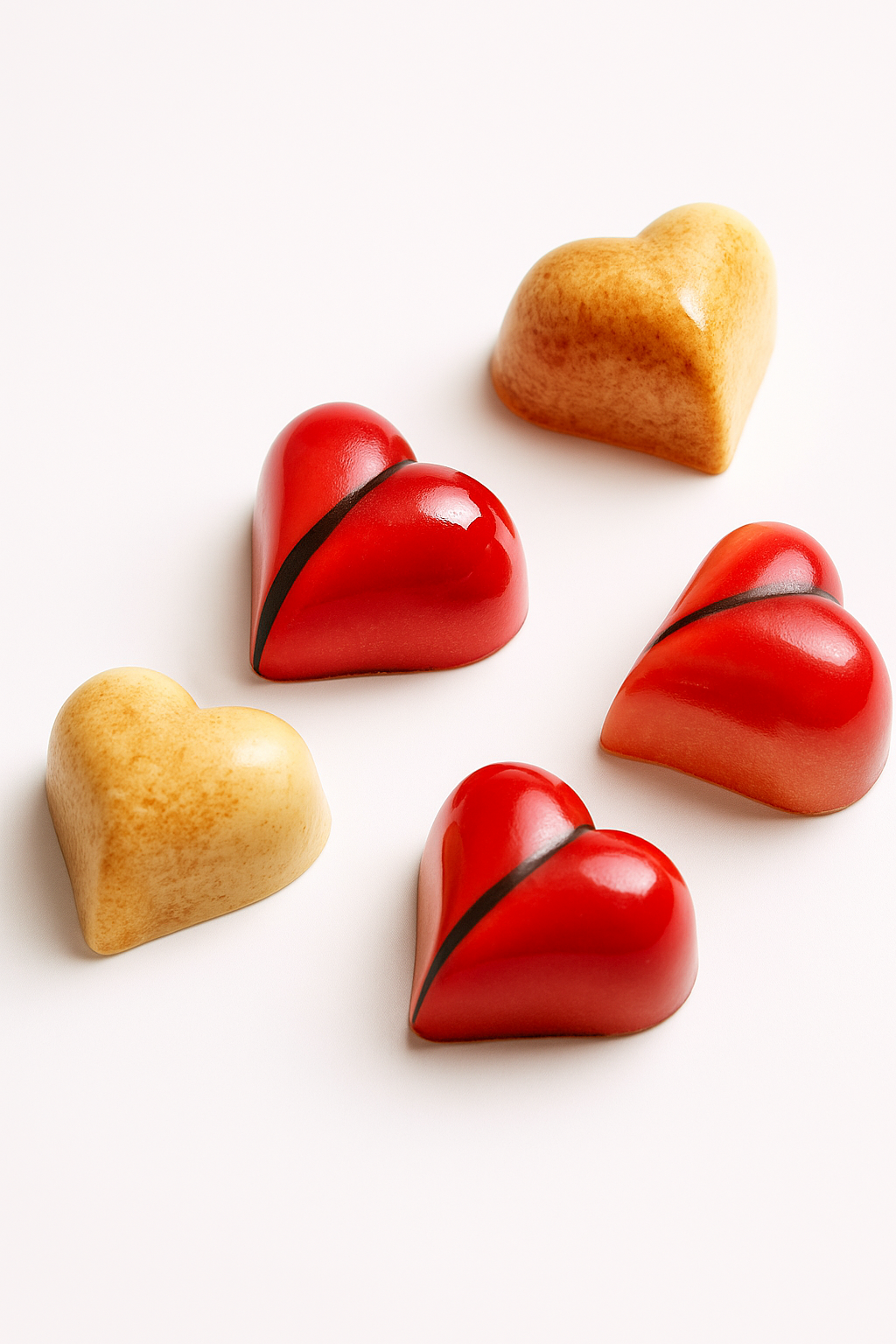 Heart-shaped chocolates in red and gold on a white background