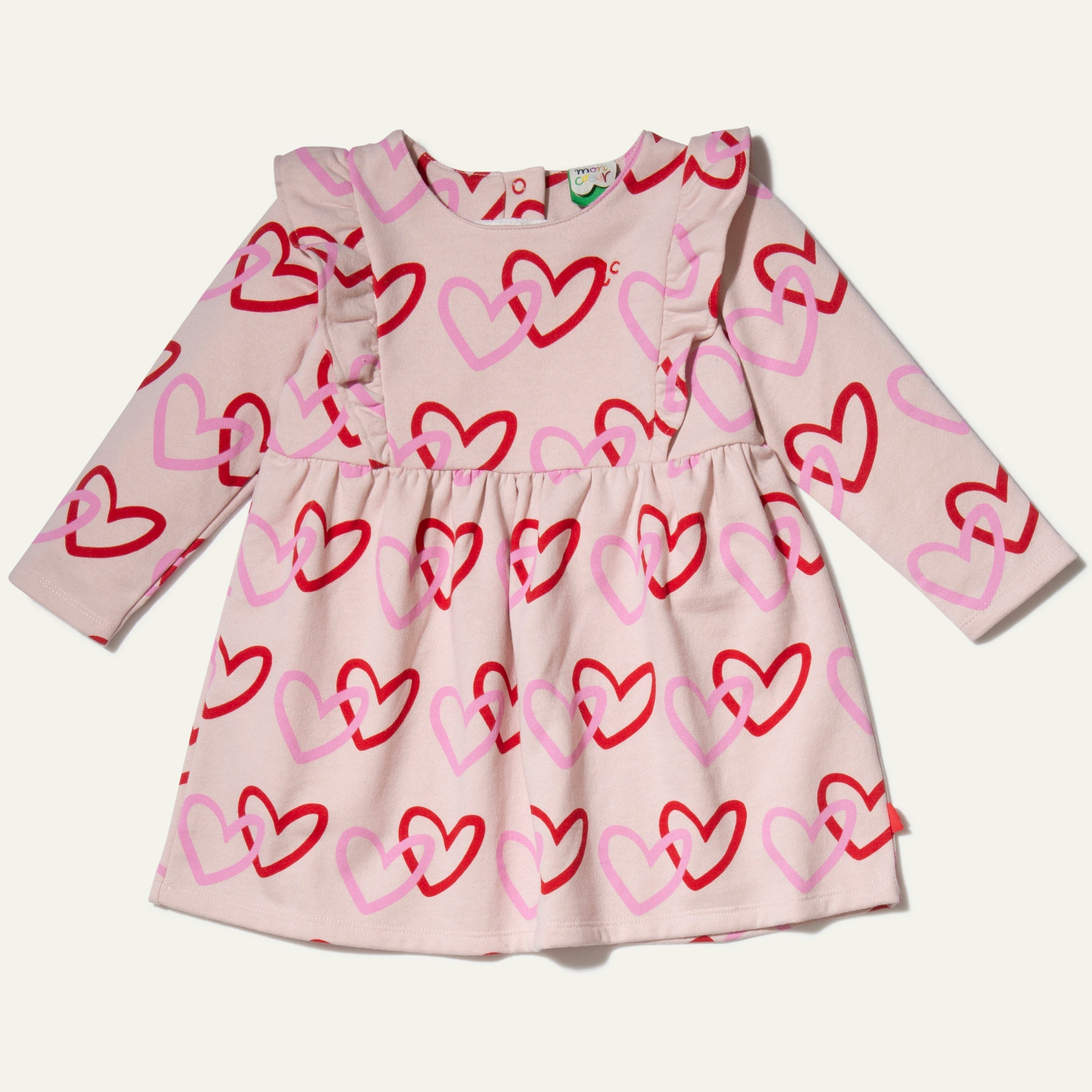 Mon Coeur Kids Ruffle Dress in recycled cotton with multicolored heart print — front view