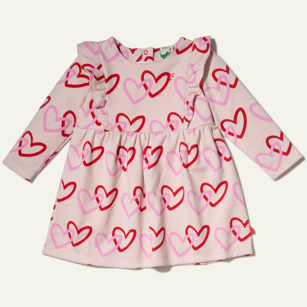 Mon Coeur baby ruffle dress in recycled cotton with multicolored heart print, front view