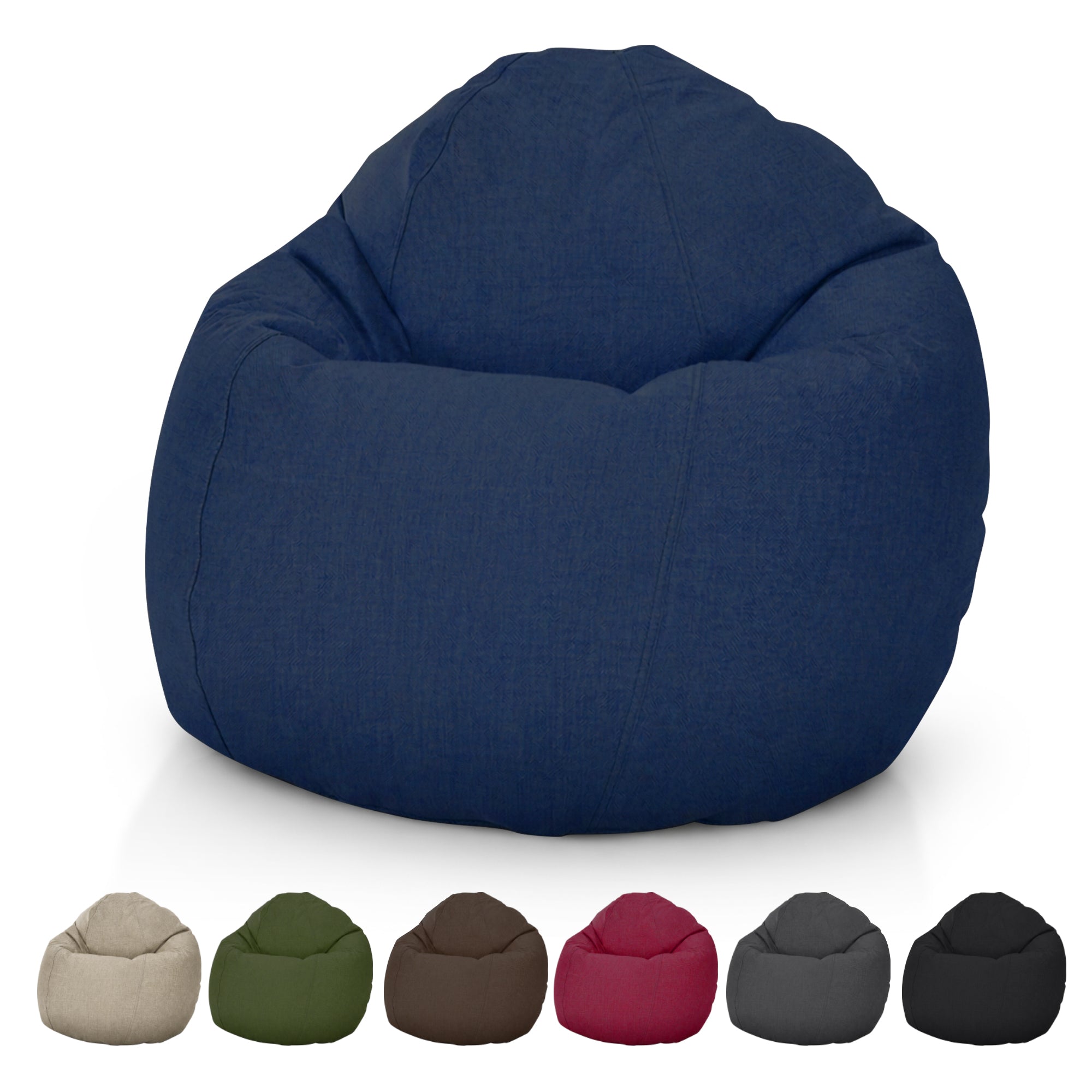 Blue bean bag chair with color swatches below on a white background