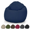 Blue bean bag chair with color swatches below on a white background