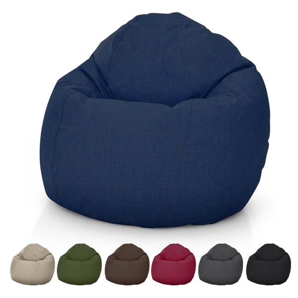 Blue bean bag chair with color swatches below on a white background