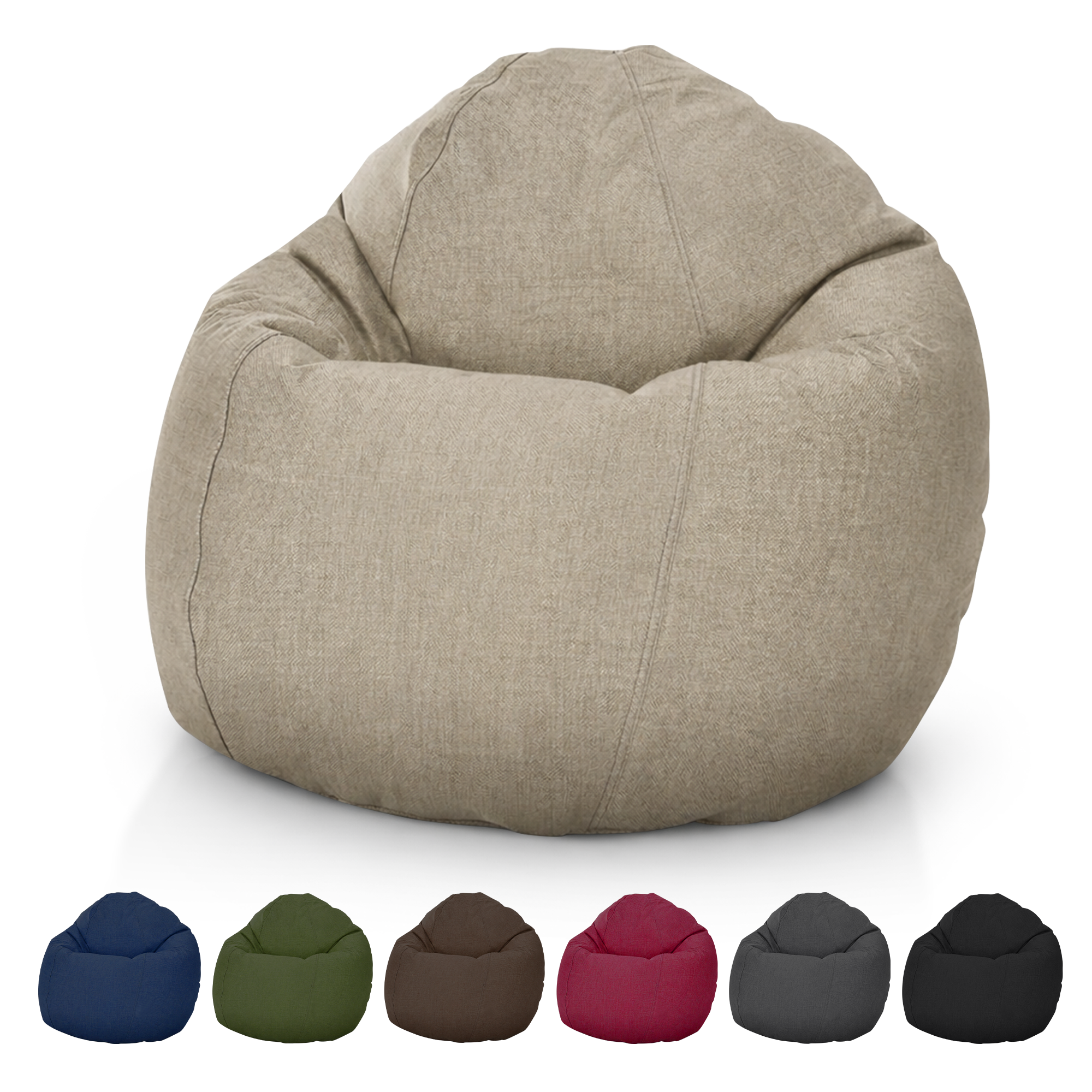 Beige bean bag chair with color swatches below on a white background