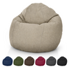 Beige bean bag chair with color swatches below on a white background