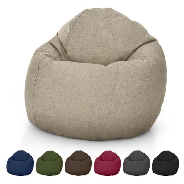 Beige bean bag chair with color swatches below on a white background