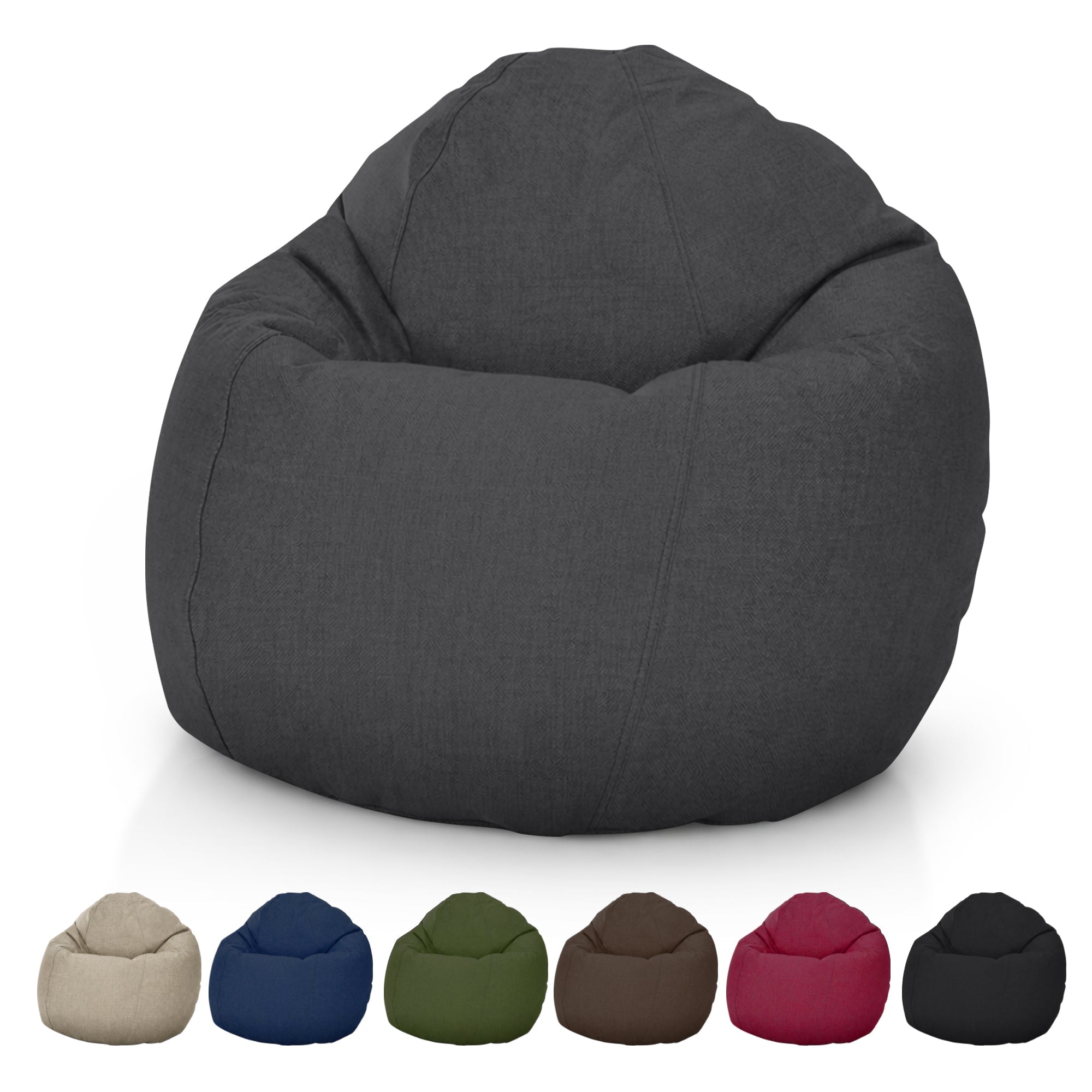 Gray bean bag chair with color swatches below on a white background