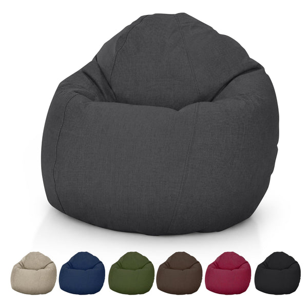 Gray bean bag chair with color swatches below on a white background