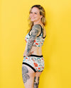 Side view of Thunderpants Inked Up women's hipster underwear showing fit and tattoo print detail