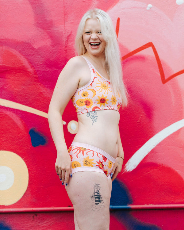Close-up of Luna y Sol hipster underwear showing sun and moon artwork detail