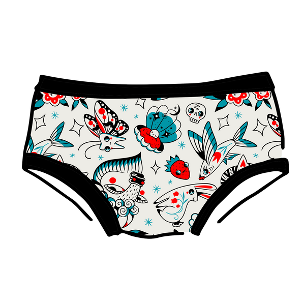 Inked Up women's hipster underwear with tattoo-inspired illustrated print by Connie Gabbert – Thunderpants USA