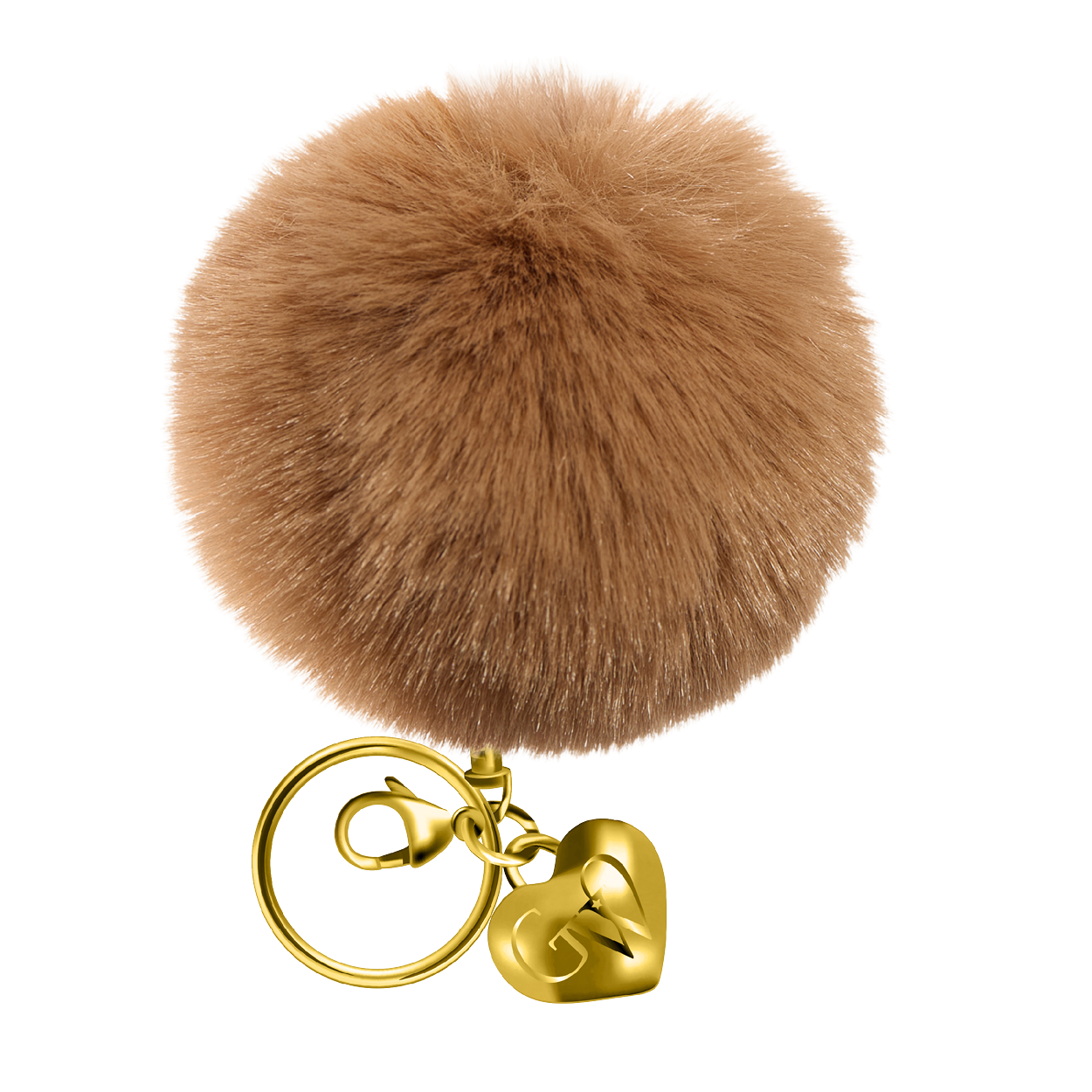 Brown fluffy keychain with gold heart-shaped charm on a white background