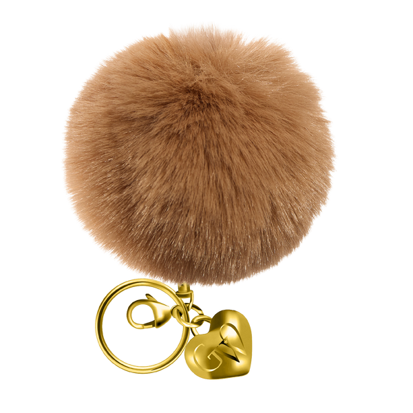 Brown fluffy keychain with gold heart-shaped charm on a white background