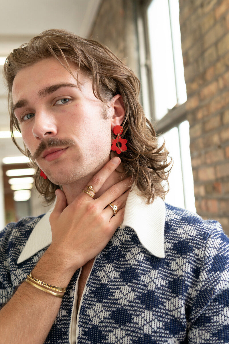Close-up of red Hot Hippie Clay Earrings by Fair Anita – nickel-free, 2-inch drop