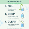 Step-by-step guide for using a cleaning solution with illustrations and text.