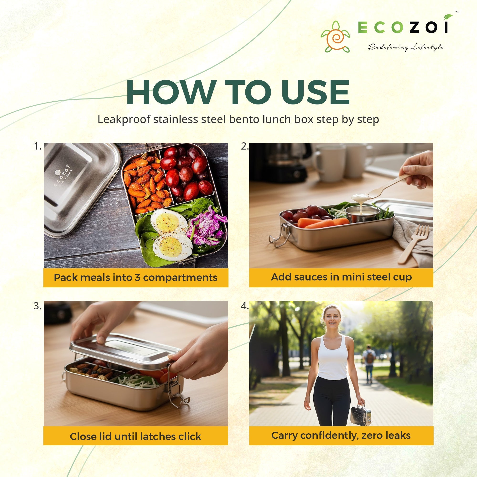Ecozoi 3-Compartment Stainless Steel Bento Lunch Box – Leakproof, 24 Oz