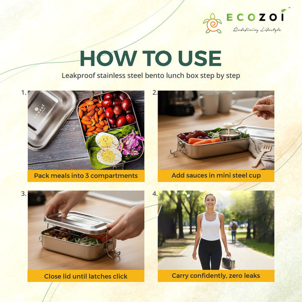 Ecozoi 3-Compartment Stainless Steel Bento Lunch Box – Leakproof, 24 Oz