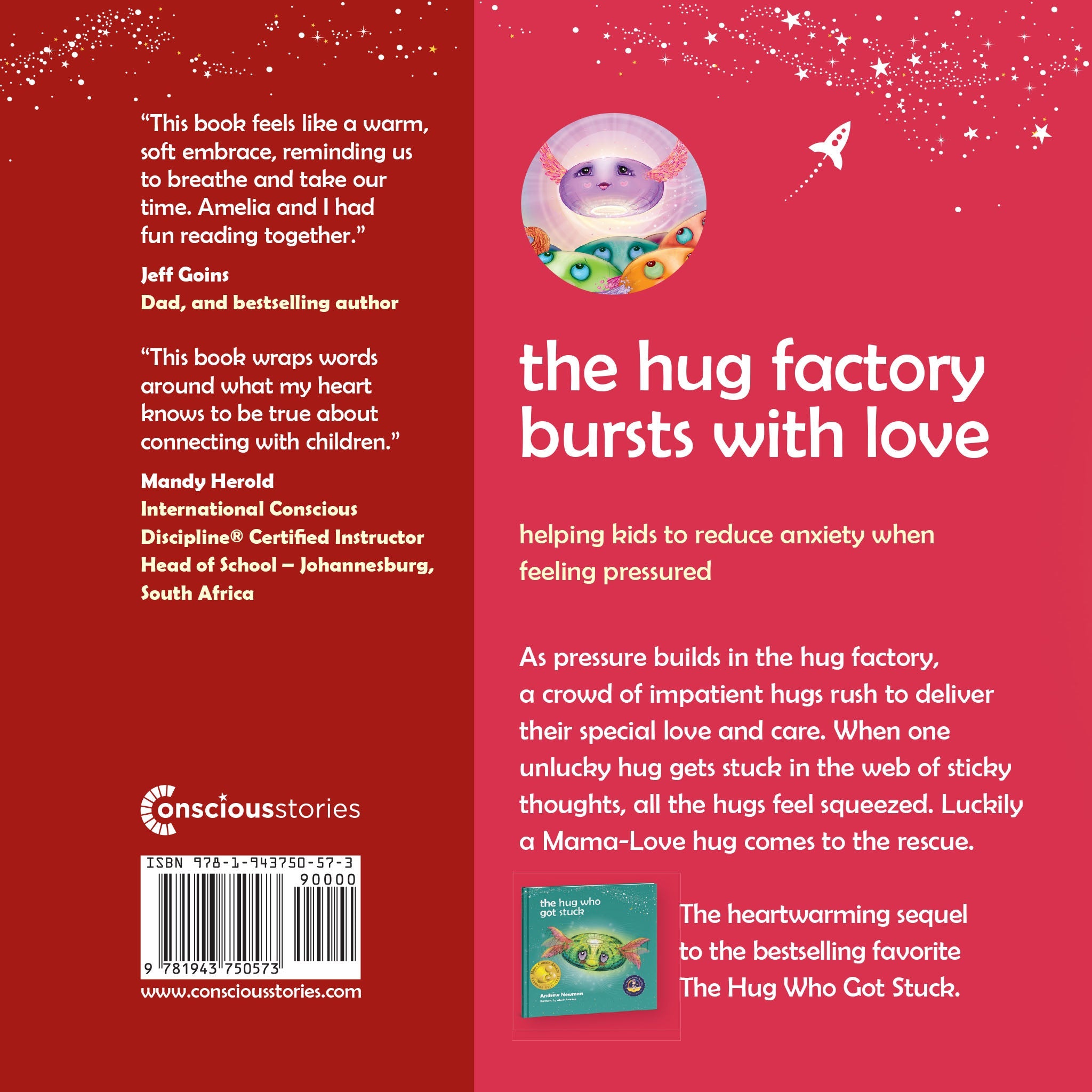 Back cover of The Hug Factory Bursts with Love – kids' bedtime story about love, hugs, and releasing emotions