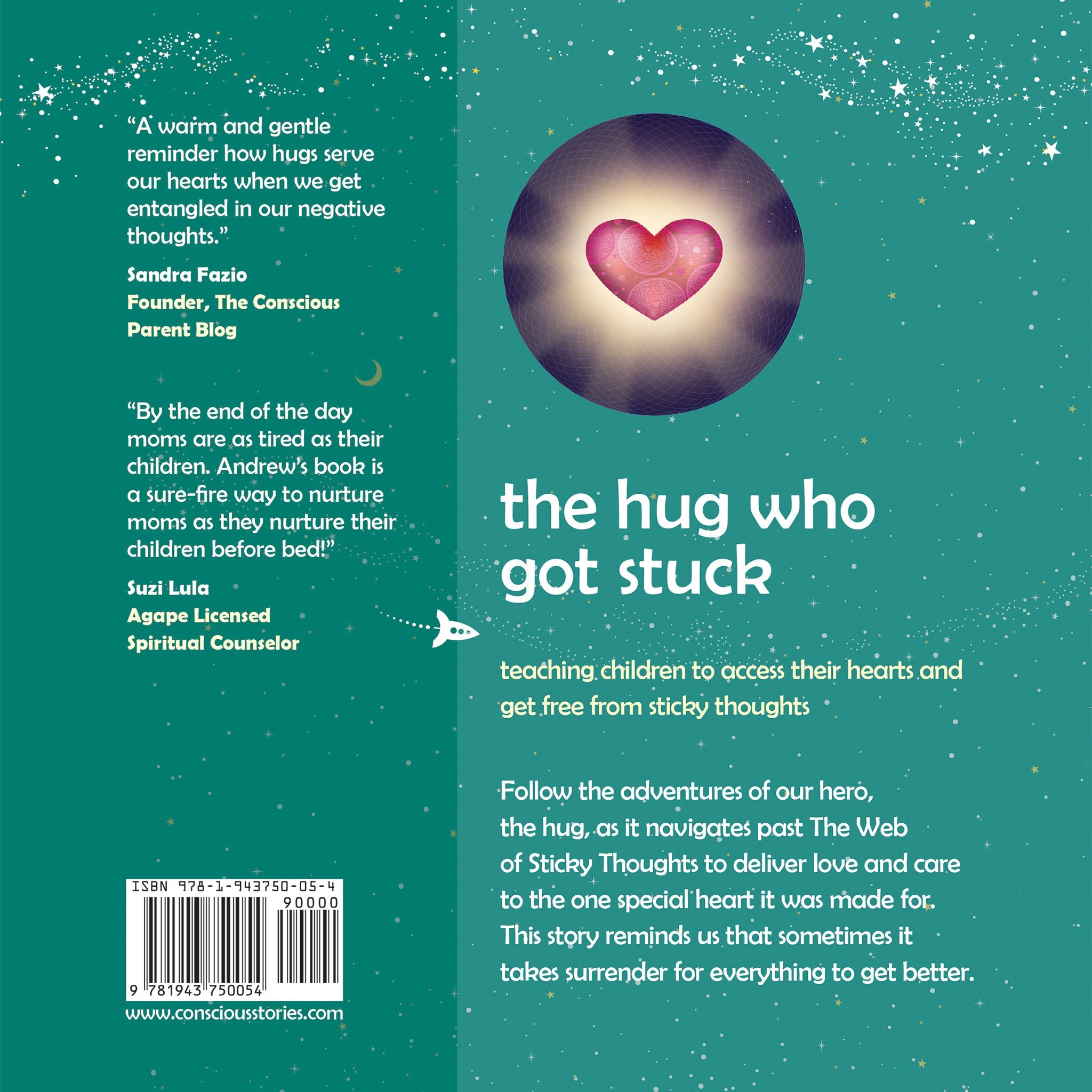 Back cover of The Hug Who Got Stuck children's book showing story summary and author details