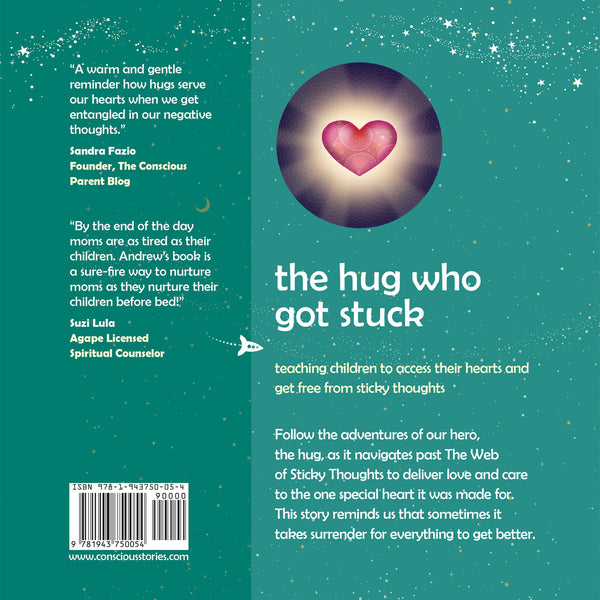 Back cover of The Hug Who Got Stuck children's book showing story summary and author details