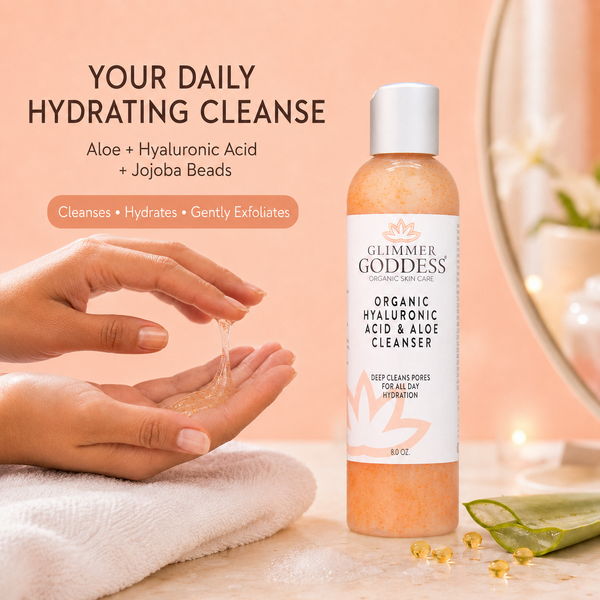 Lifestyle shot of Glimmer Goddess organic aloe and hyaluronic acid face wash in a bathroom skincare routine
